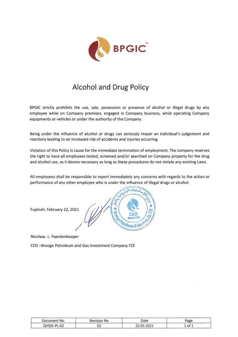 Alcohol and Drug Policy – BPGIC – Leading Independent Oil Storage Comapny